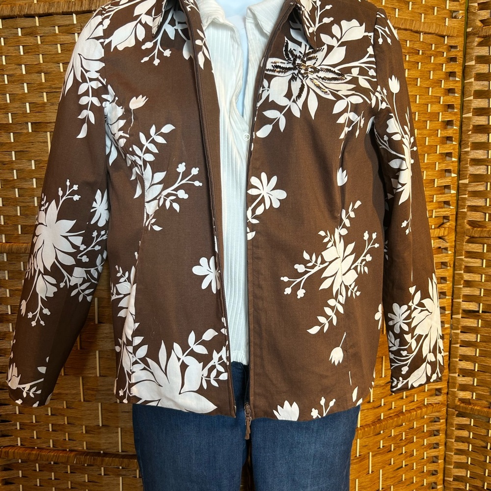Brown Floral Zip Front Jacket Cotton Blend Beaded Boho Size M